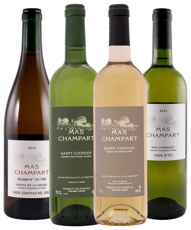 Les blancs et le rosé du Mas Champart : Le Blanc, Le Rosé, 100% d'Ici et 100% Grenache Gris