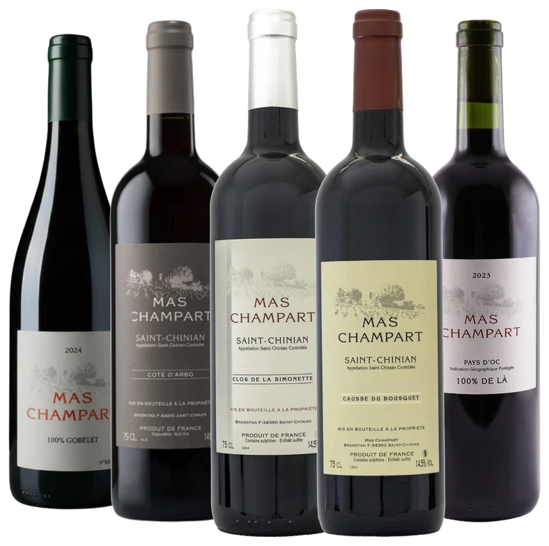 Les cinq rouges du Mas Champart : Clos de la Simonette, Causse du Bousquet, Côte d'Arbo, 100% Gobelet et 100% de Là